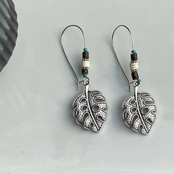 Beaded Boho Silver Leaf Earrings - Picture 1 of 3